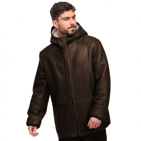 3/4 Capuche Agneau Lainé Laminé Marron - GEOFFREY